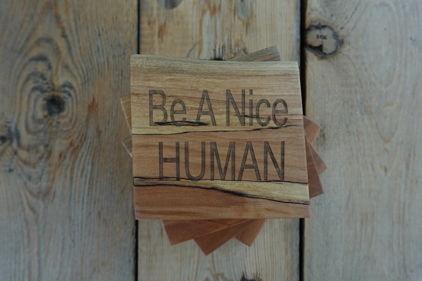 "Be A Nice Human" Wooden Coaster Set