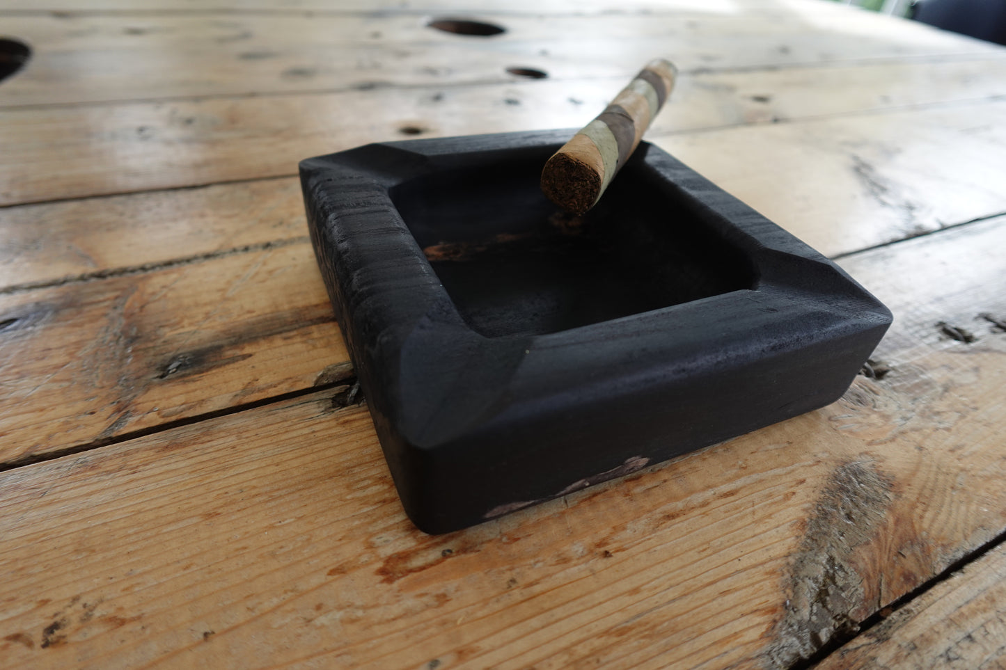 10142025SM3F4  Black Dyed Spalted Maple Four Finger Cigar Ashtray